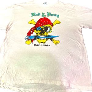 Men’s white “BAD TO THE BONY” (BAHAMAS) sz Large tee shirt.